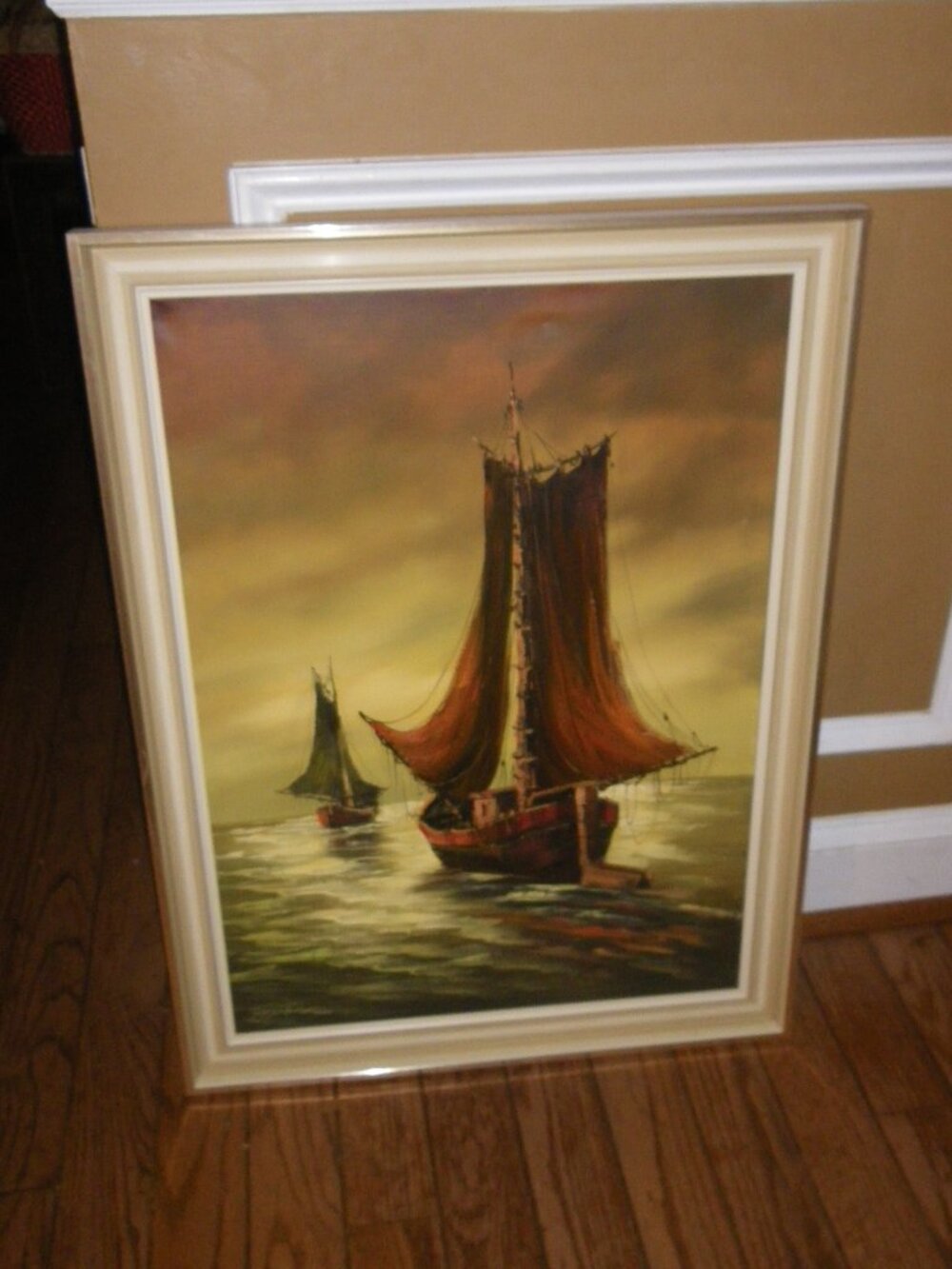 Vintage Large Oil Painting Nautical Seascape Boats Mediterranean at Twilight